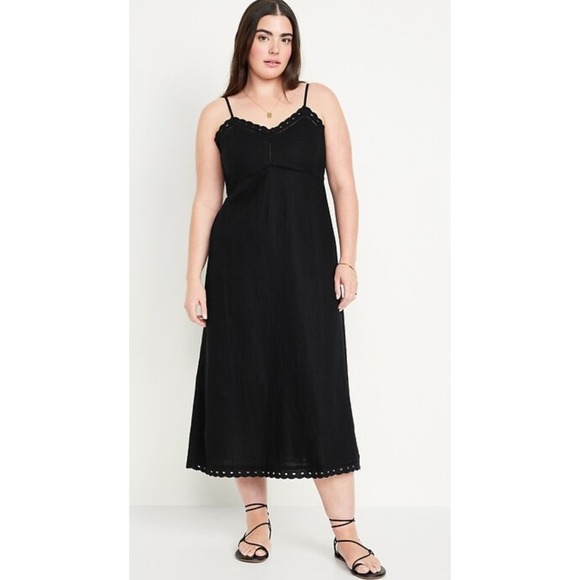Old Navy Dresses & Skirts - Old Navy Linen Blend Cami Midi Dress Summer Minimalist Embroidered Black M